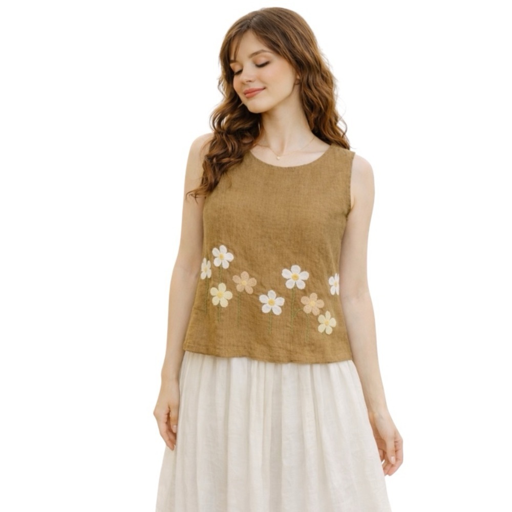 Yumi Floral Embroidered Daisy Cottagecore Lagenlook Sleeveless Linen Top Size S